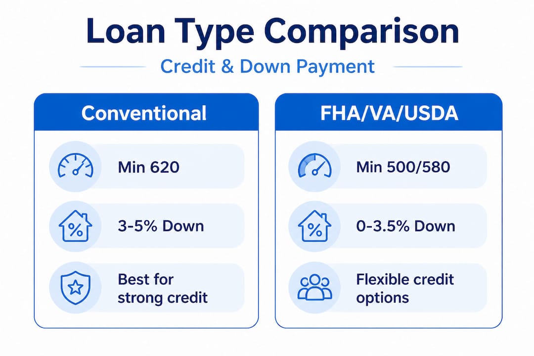 Infographic comparing loan types by credit and down payment