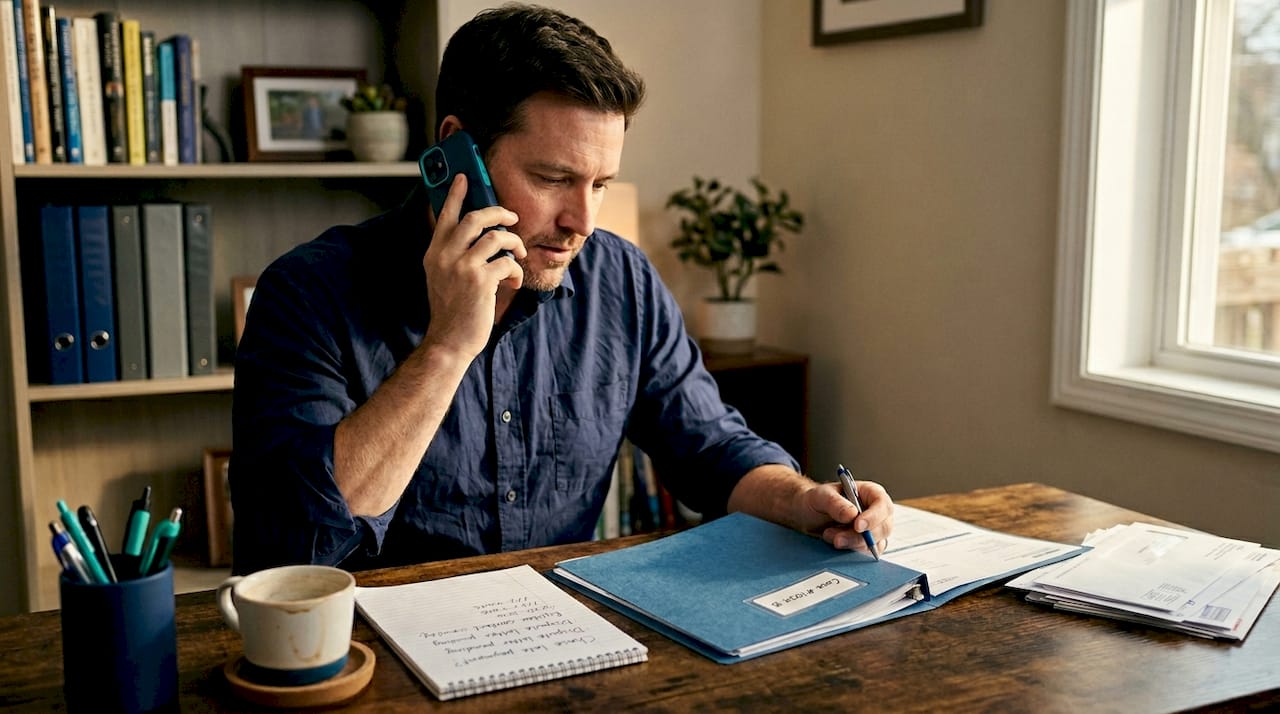 Man reviewing account documents at desk