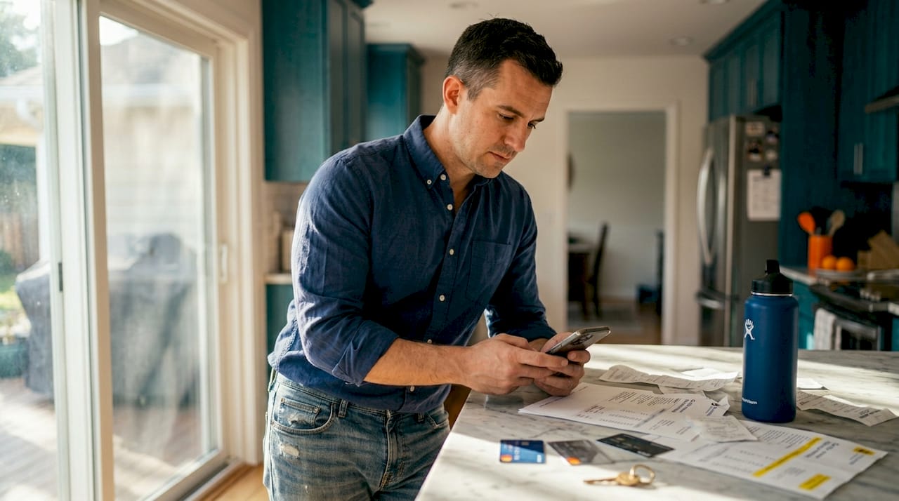 Man reviewing credit utilization at kitchen counter