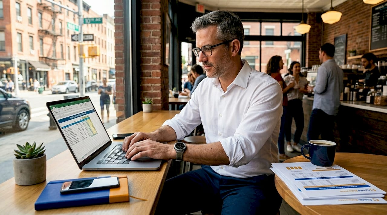 Analyst entering credit data at work desk