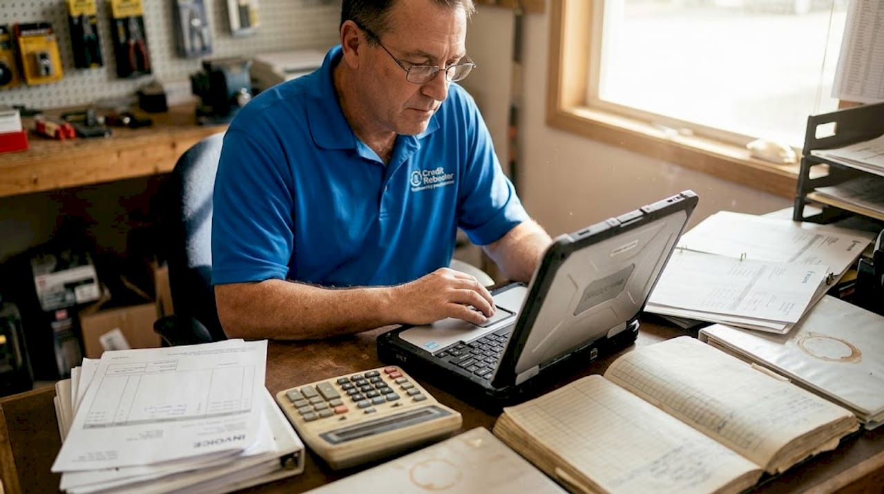 Business owner updating vendor payments and paperwork