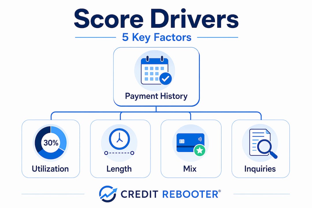 Hierarchy infographic of five credit score factors