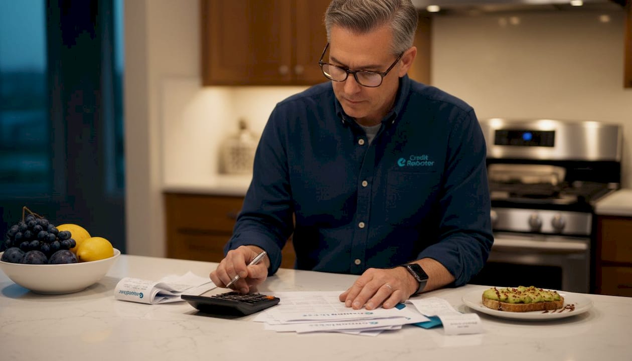 Man reviews credit card statements in kitchen