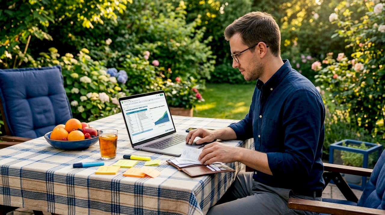 Man organizing credit habits in daily routine