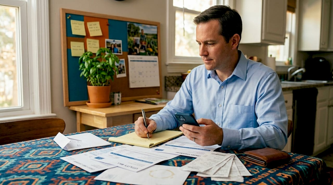 Man paying bills at kitchen table