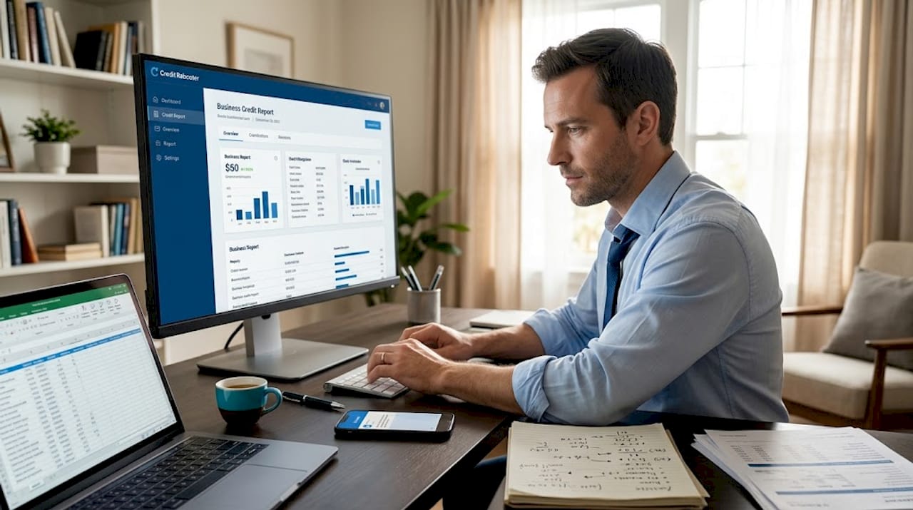 Man checking business credit in home office