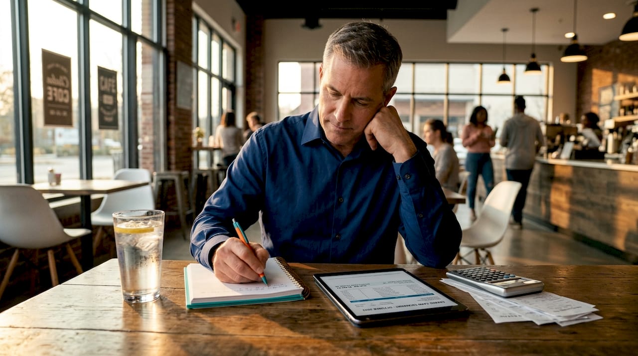 Businessman reviewing charge card statement at table