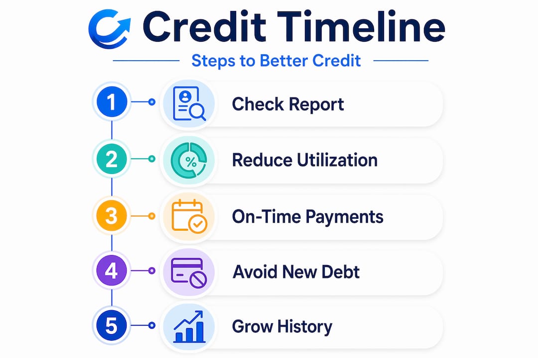Infographic timeline showing steps to better credit