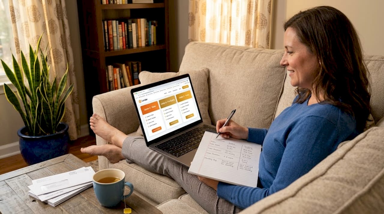 Woman comparing loan offers with notes
