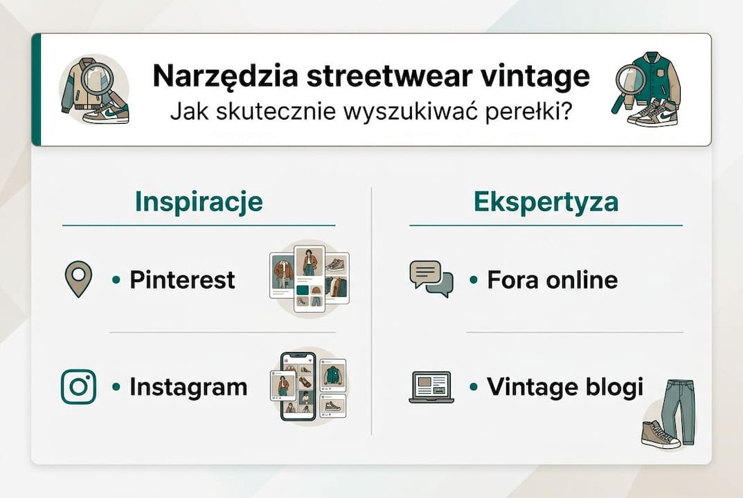 Przegląd narzędzi pomocnych przy wyszukiwaniu i selekcji ubrań streetwear w stylu vintage – infografika