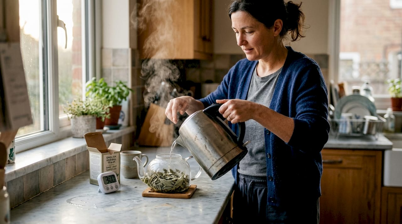 Woman making fresh sage herbal tea