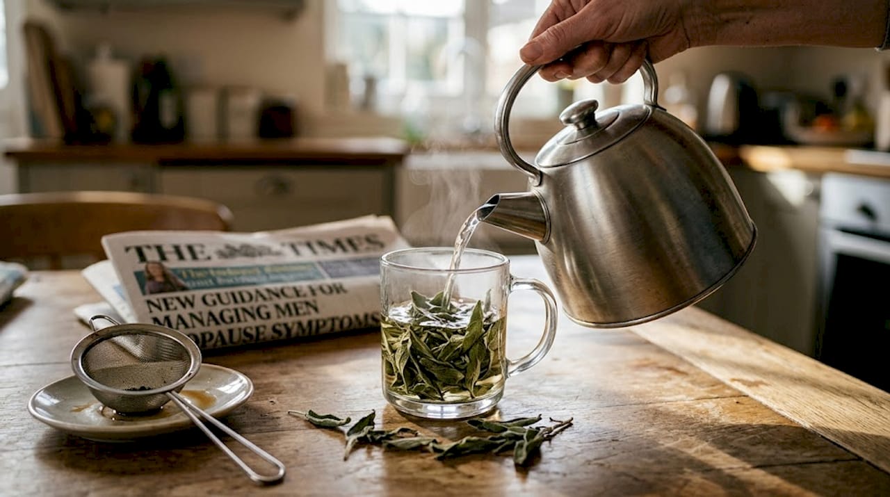 Hand pouring sage tea for menopause support