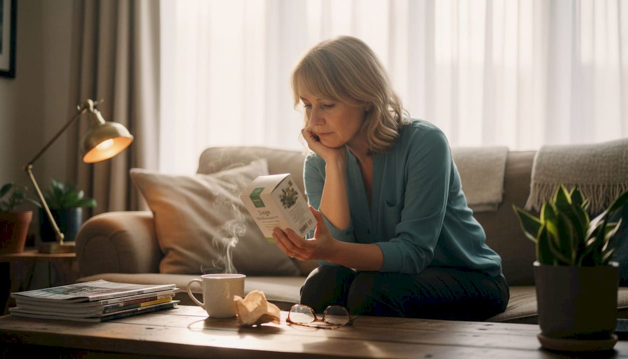 Woman reading herbal tea box on sofa