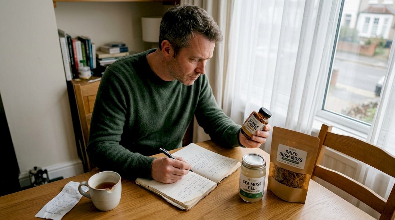 Man comparing sea moss products at table