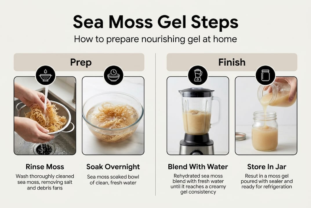 Infographic showing steps for homemade sea moss gel