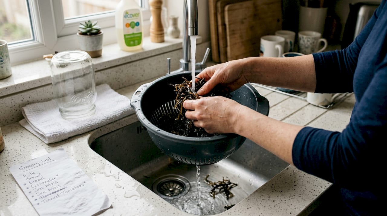 Hands rinsing dried sea moss in kitchen