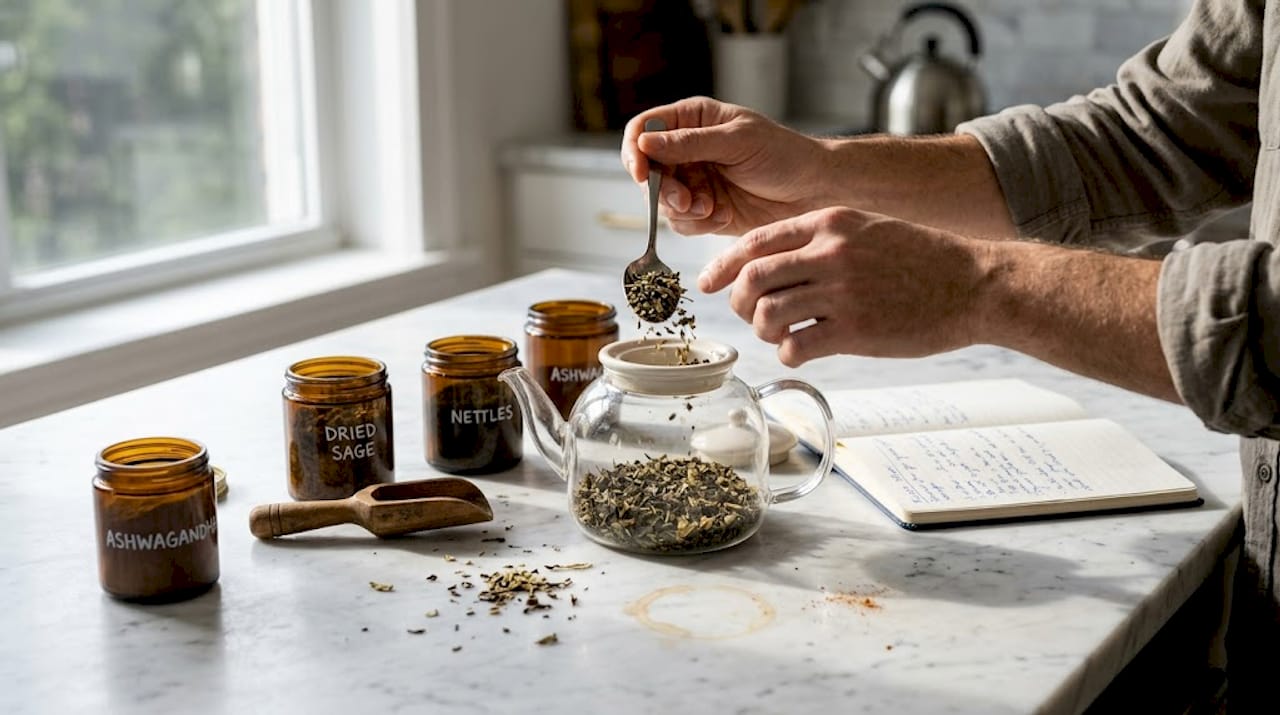 Hands blending dried herbs for herbal tea