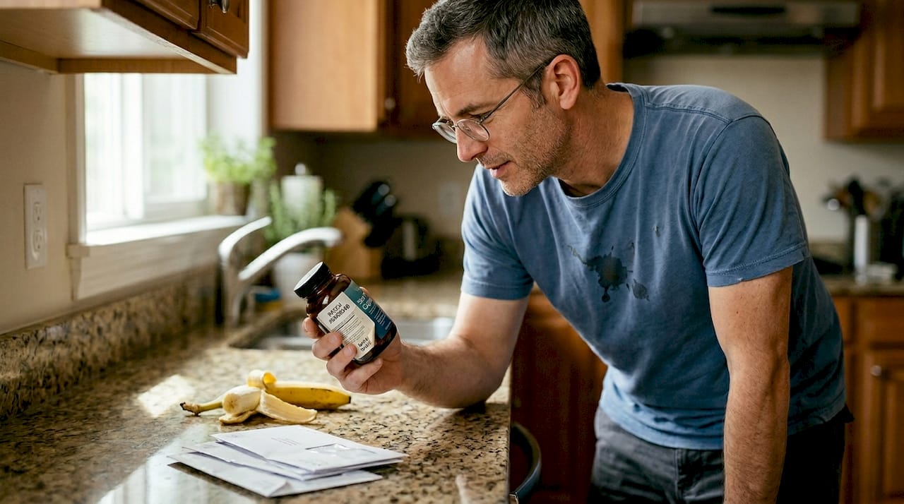 Man checking supplement label for safety details