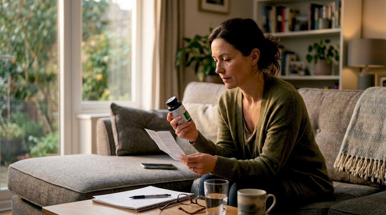 Woman reviewing supplement bottle and leaflet on sofa