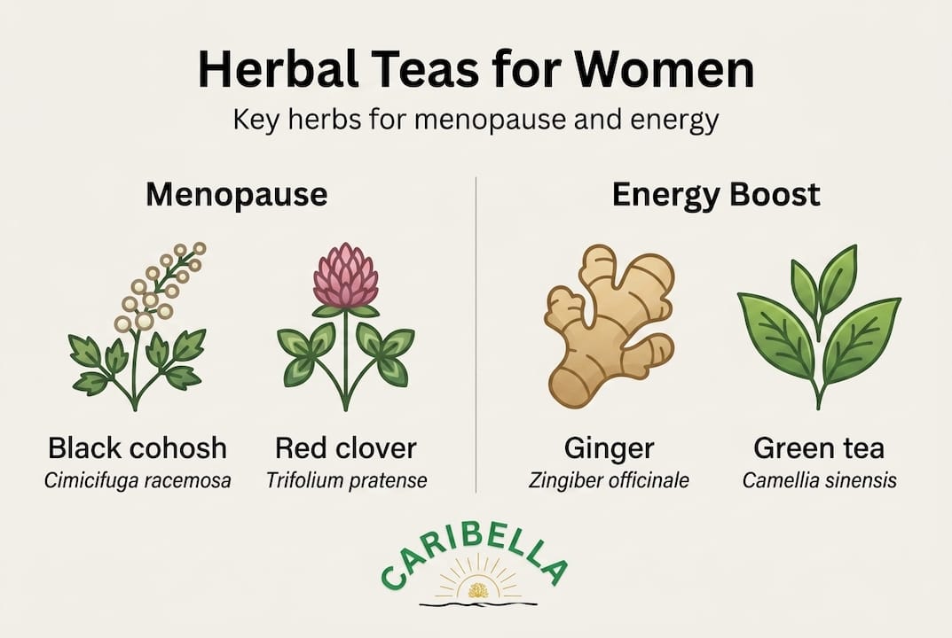Infographic showing herbs for menopause and energy