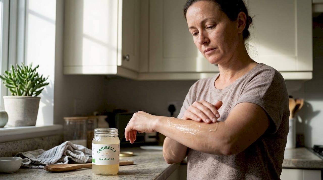 Woman applies sea moss gel in kitchen