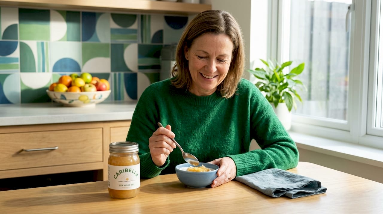 Woman eating sea moss yogurt at kitchen