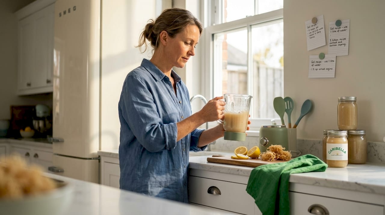Woman making sea moss gel at kitchen counter