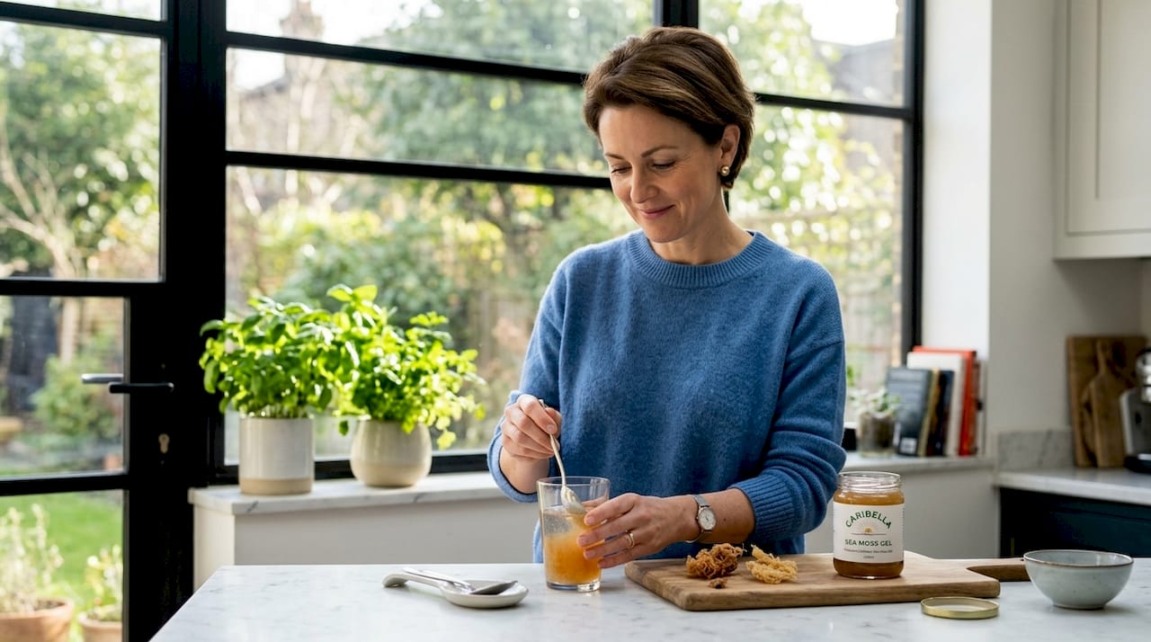 Woman preparing sea moss gel in kitchen