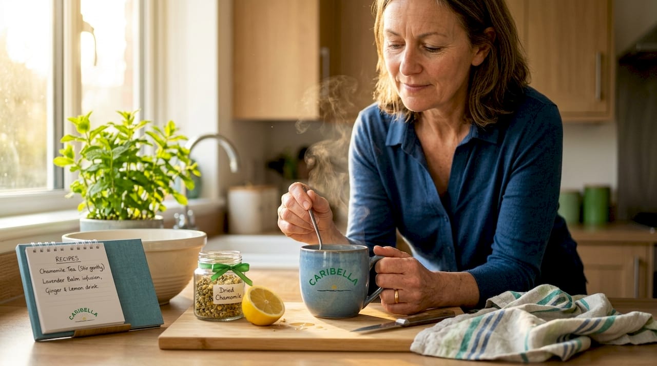 Woman brewing chamomile tea in her kitchen