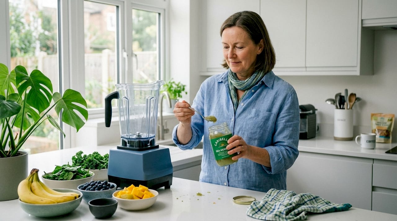 Middle-aged woman preparing smoothie with sea moss gel