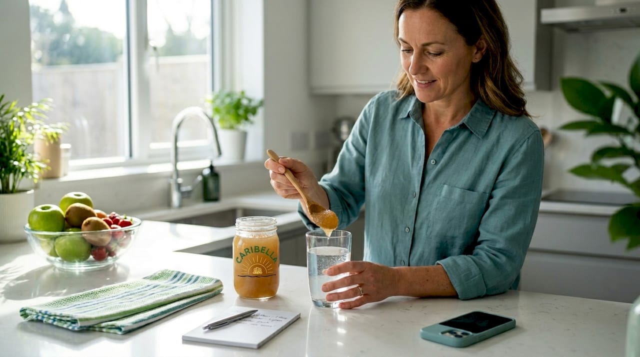 Woman adds sea moss gel to water in kitchen