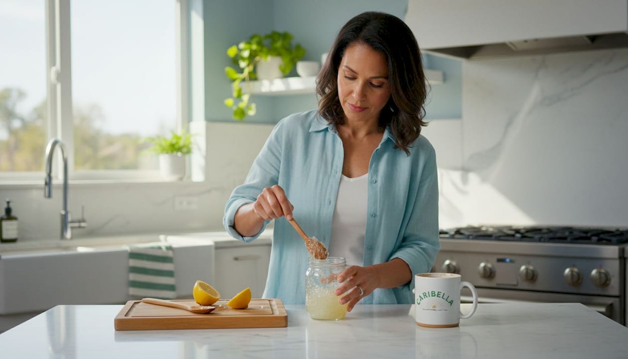 Woman preparing sea moss gel at kitchen counter