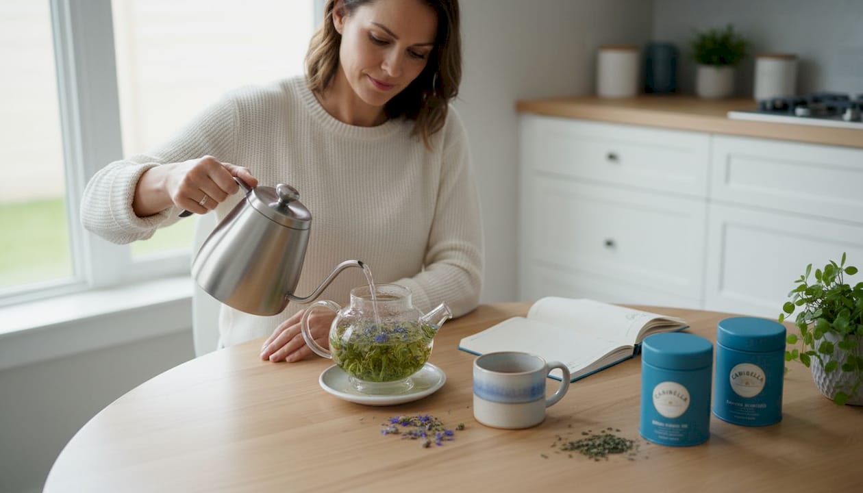 Woman preparing herbal tea in kitchen