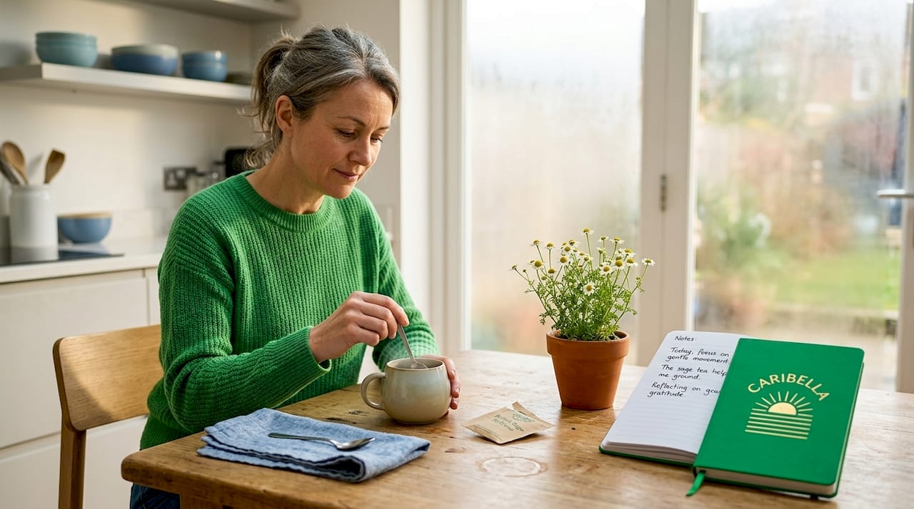 Woman preparing sage herbal tea in kitchen