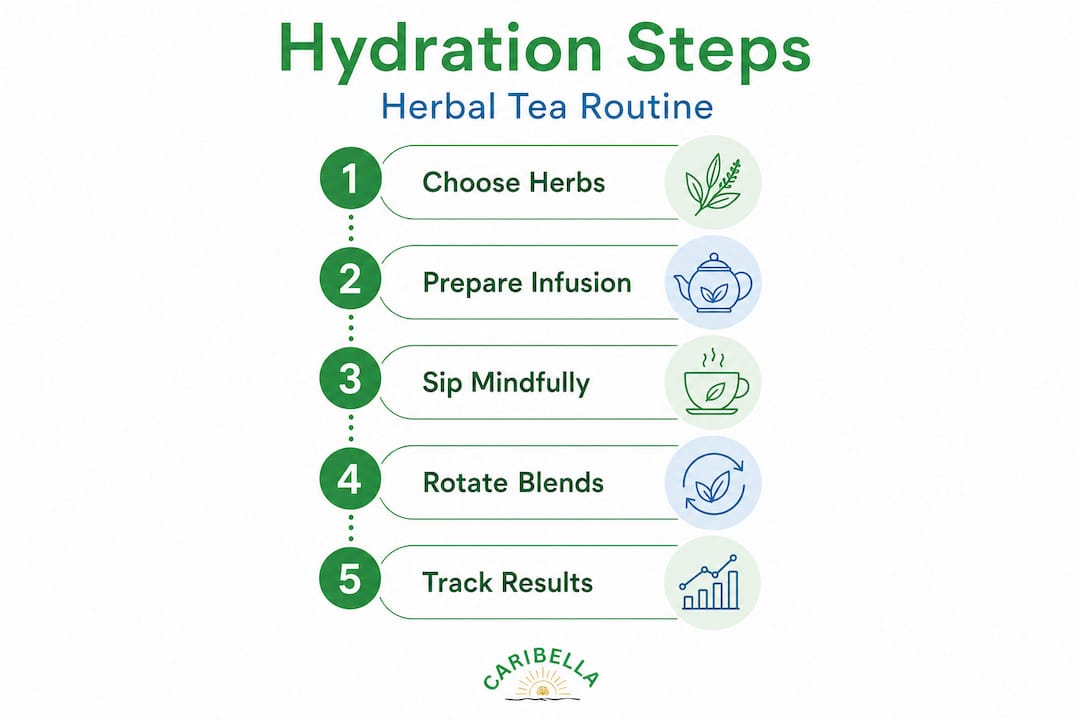 Infographic with herbal tea hydration routine steps