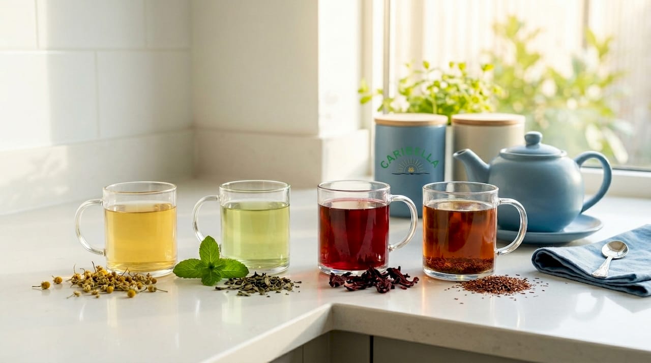 Herbal tea cups with fresh herbs on a sunny kitchen counter