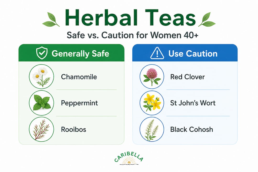Infographic comparing safe and caution herbal teas for women over 40
