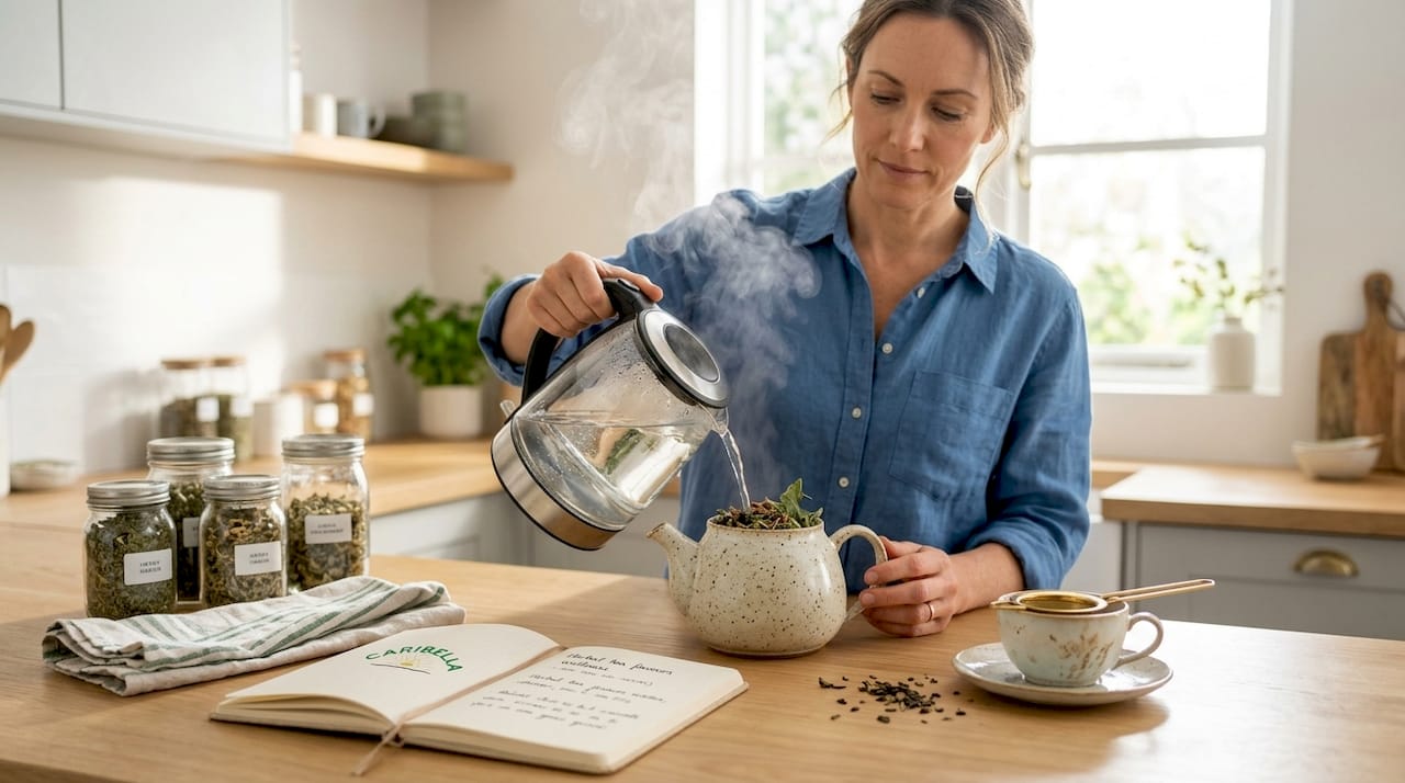 Woman preparing herbal tea in kitchen