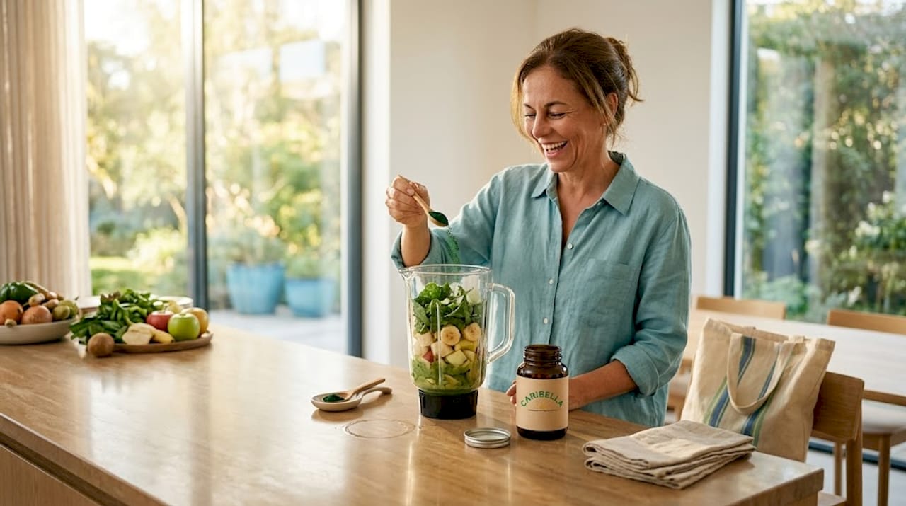 Woman adding spirulina powder to smoothie blender