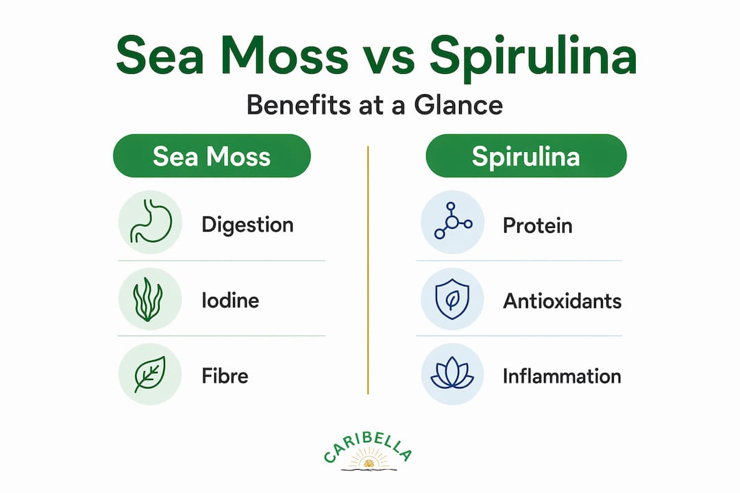 Infographic comparing sea moss and spirulina benefits side by side