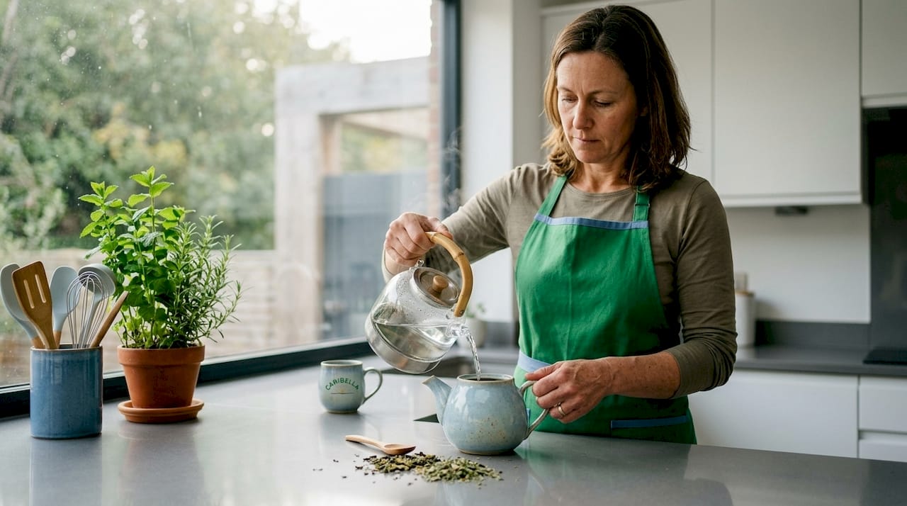 Woman preparing herbal tea in sunlit kitchen