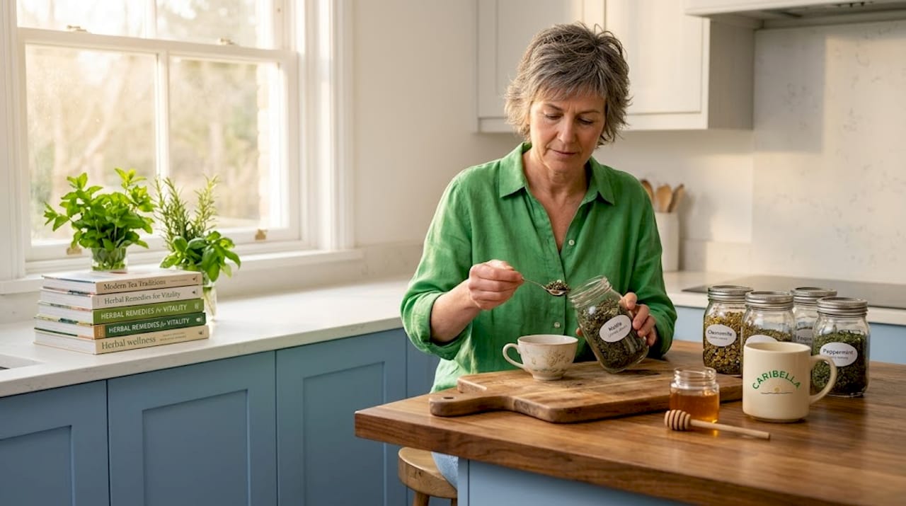 Woman preparing herbal tea at kitchen table