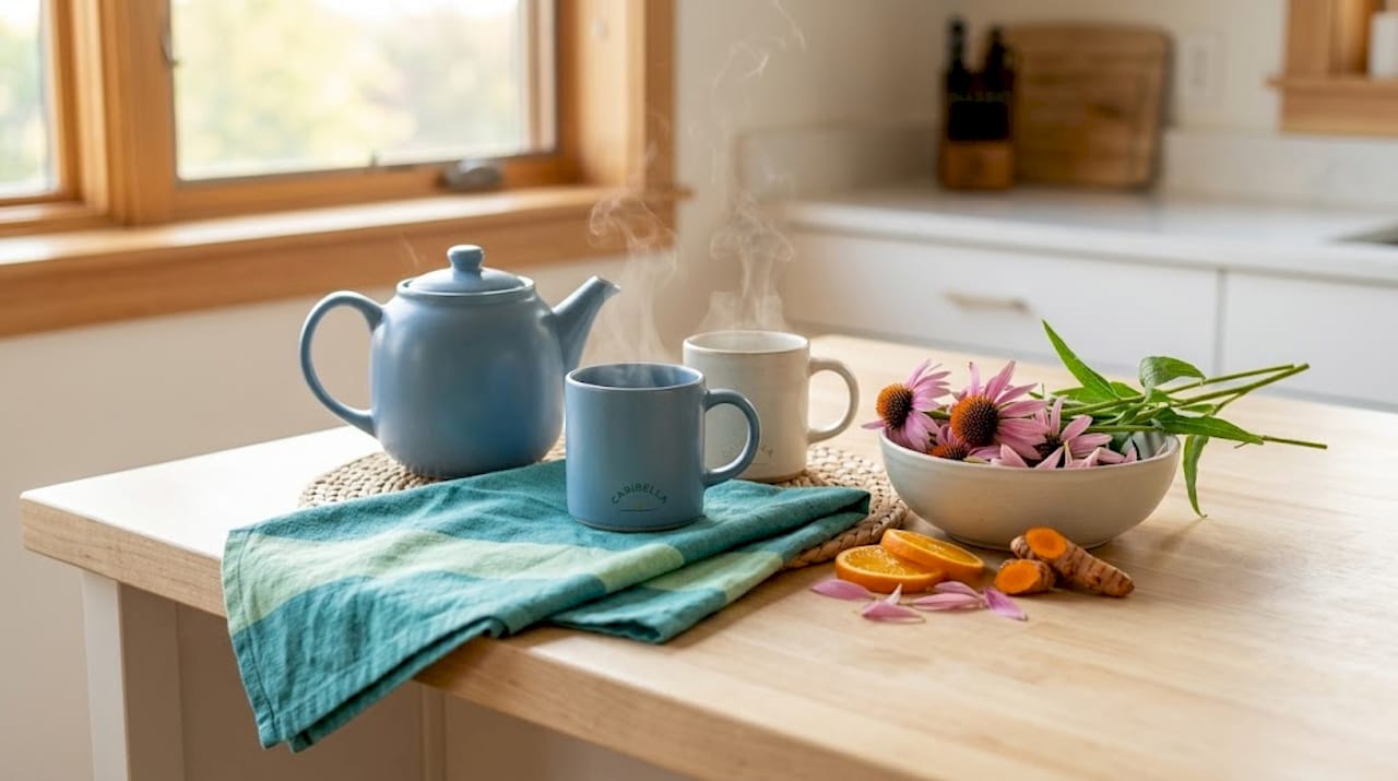 Making herbal echinacea tea in home kitchen