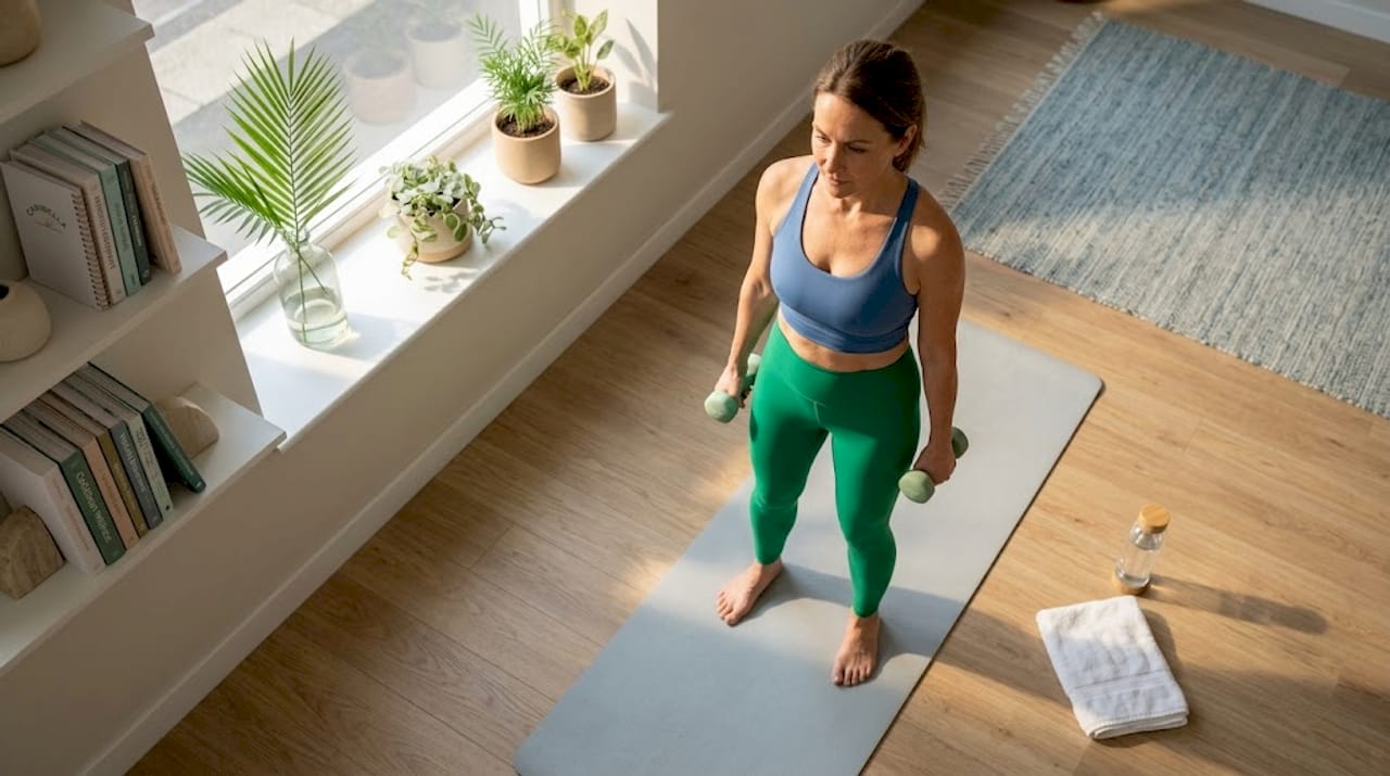 Woman doing resistance training with dumbbells at home