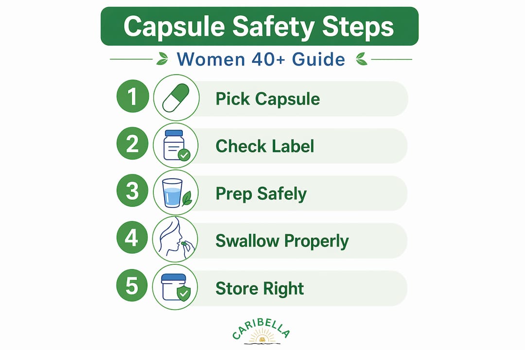 Infographic showing capsule safety steps for women over 40