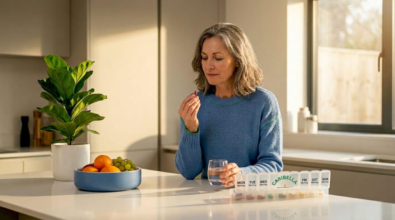 Woman in kitchen preparing to swallow a capsule