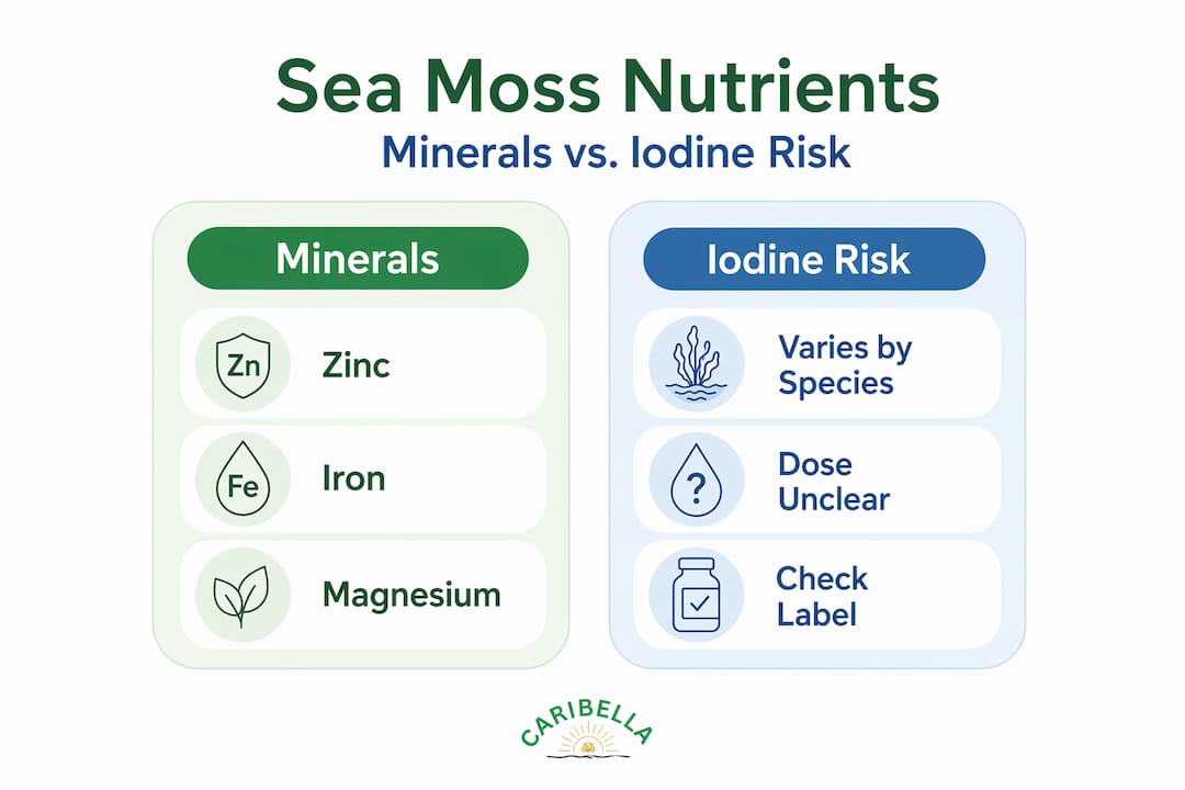 Infographic comparing sea moss minerals and iodine risk