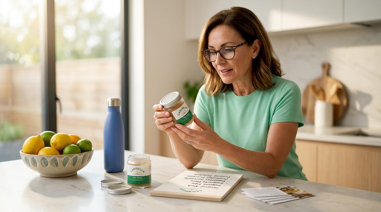 Woman reviews sea moss supplement label in kitchen