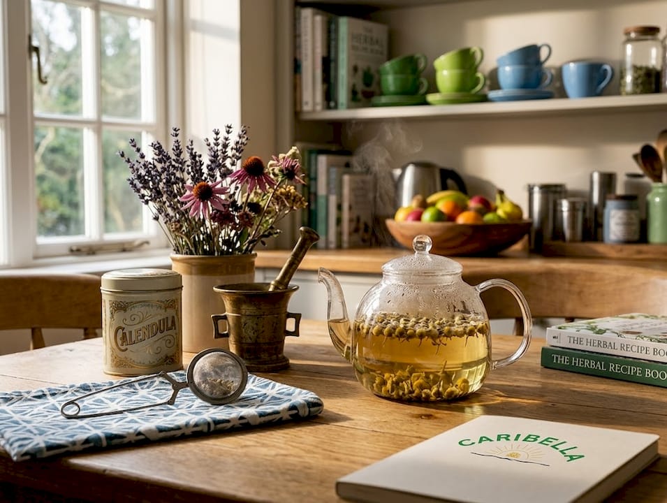 Glass teapot of herbal tea and herbs in home kitchen