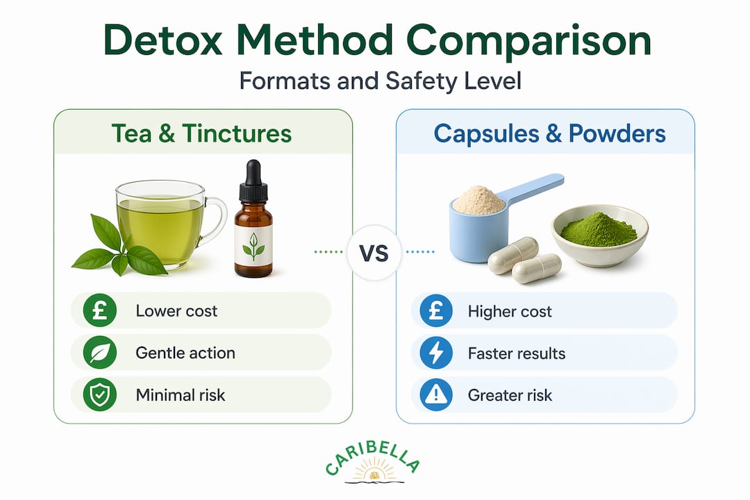 Infographic comparing herbal detox methods and safety